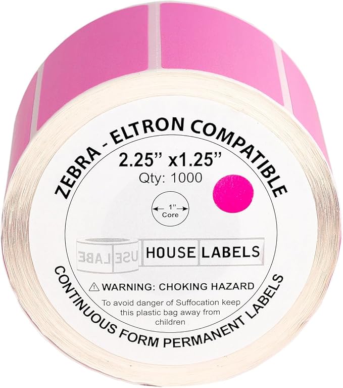 HOUSELABELS 2.25" x 1.25" Pink Address Labels on 1" Core Compatible with Zebra and Rollo Printers, 28 Rolls / 1,000 Labels per Roll