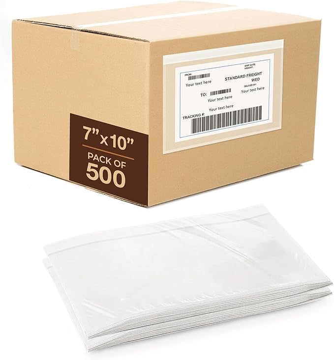 7x10 Shipping Label Sleeves 500 Pack-Strong Adhesive Back for Secure Package Labelling, Protects Documents with Packing Slip Pouches -Packing Sleeves for Mailing and Packaging -WaterProof and Durable