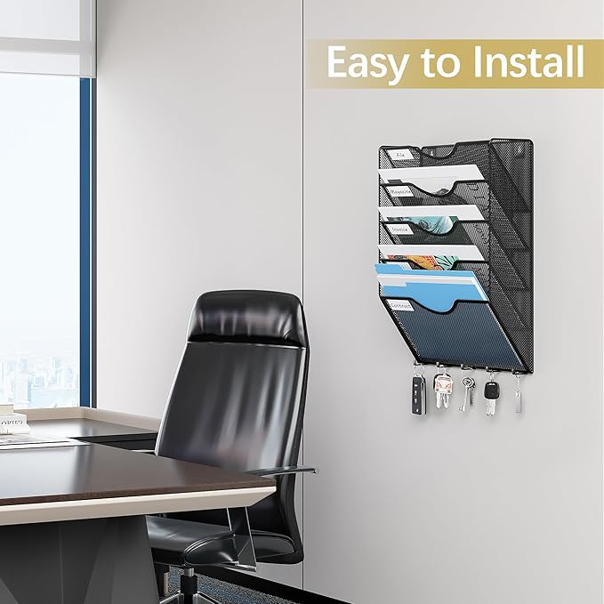 EasyPAG 5 Pocket Mesh Wall File Organizer with Key Hooks, Hanging Paper Folder Holder with Classify Label, Vertical Wall Mount Mail Organizer for Office Home Classroom, Black