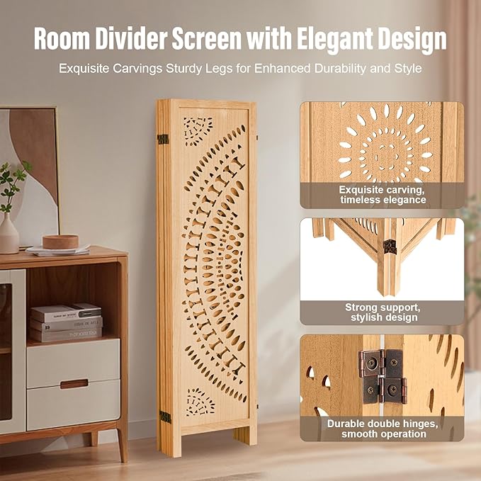 ALeesing 6 Panel Wood Room Divider Fully Assembled, Decorative Room Dividers and Folding Screens, 5.6Ft Room Divider Screen Freestanding Partition Wall Dividers for Home Bedroom Office, Light Brown