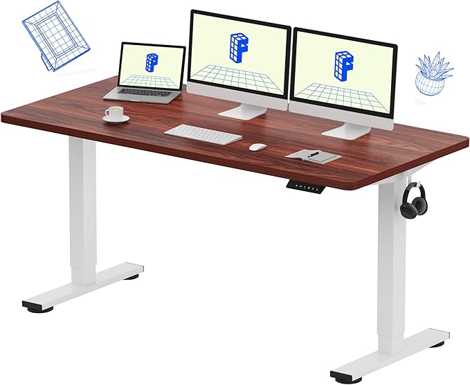 FLEXISPOT EN1 One-Piece Standing Desk with 1-Inch Thick Seamless Desktop, 60"x24" Electric Height Adjustable Desk for Home Office, Multi-Monitor Setups & Easy Assembly, Mahogany