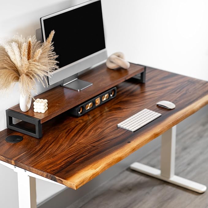 Standing Desk with Monitor Stand – Walnut Solid Wood Desk, Natural Live Edge, Adjustable Height Dual Motor, Sit Stand for Home Office (White, W48 x D27)