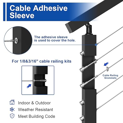 BLIKA 20Pack Cable Railing Adhesive Sleeves for 1/8" 5/32" 3/16" Wire Rope Cable, T316 Stainless Steel, 2.8mm Thickness Cable Railing Protector Adhesive Sleeves for Deck Stair Cable Railing Post Kits