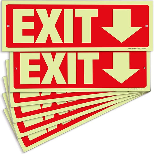iSYFIX Exit Signs with Directional Down Arrow - 6 Pack 12x4 Inch Glow in the Dark for Business, School, Office, Warehouse - Durable 40 Mil Polystyrene, UV Laminated, Waterproof, Scratch & Fade Resistant