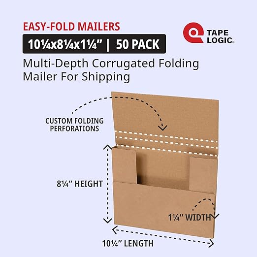 Tape Logic TLM1081K Easy-Fold Mailers, 10 1/4 x 8 1/4 x 1 1/4, Kraft (Pack of 50)