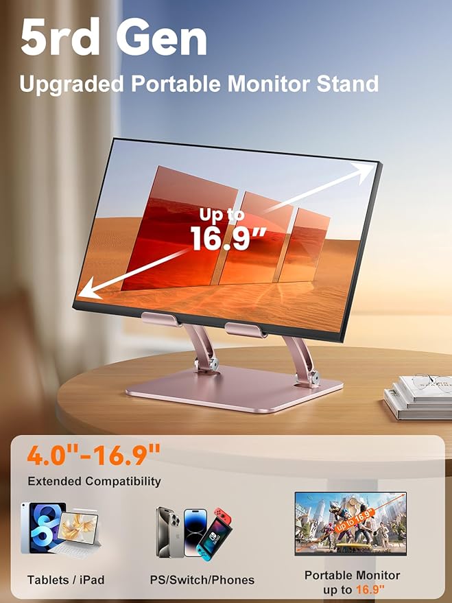 tounee Tablet Holder Stand, Dual Rod Adjustable Aluminum Desktop Stand, Compatible with 4.7-16.9" iPads, Surface Tablets, Portable Monitor, Kindle and More (Rose Gold)