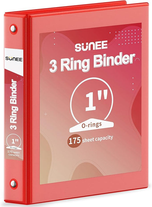 SUNEE 3 Ring Binder 1 Inch 1 Pack, Clear View Three Ring PVC-Free (Fit 8.5x11 Inches) for School or Office Supplies, Red