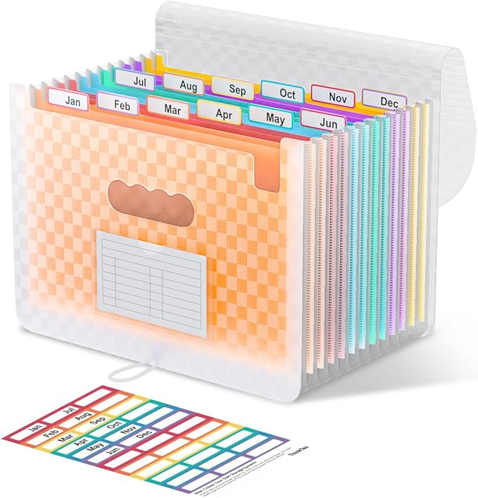 ThinkTex Accordion File Organizer, 12 - Pocket Expanding File Folders for Paper Receipts, Bills&Taxes Organizer, Letter/A4 Size Document Holder for School, Office, Home with Colorful tabs-Orange