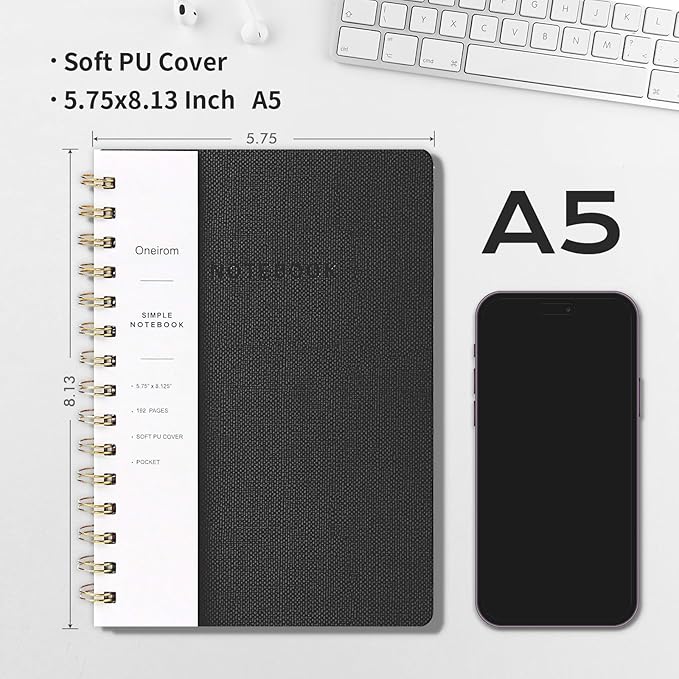 Spiral Notebook-5.75" x 8.125" College Ruled Journal with Inner Pockets and 160 Pages,PU Leather Cover Business Journal, Twin-Wire Binding Notebook Perfect for Office & Home School Supplies 6 pack Black