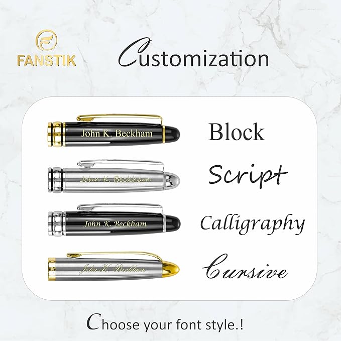 FANSTIK, Customized Fountain pen with name (MADE IN USA), stainless steel, black and gold, luxury engraved pen personalized for men and for women. (Fountain Black-Gold)
