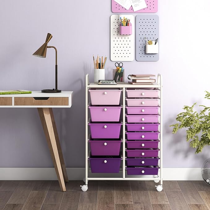 GOFLAME 15-Drawer Rolling Storage Cart, Craft Storage Cart with Removable Drawers & Lockable Wheels, Art Cart Supply Storage Organizer for Home Office Classroom, Purple Gradient