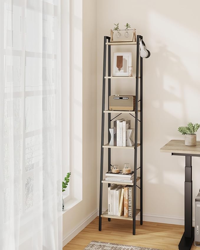 Hzuaneri Ladder Shelf, Bookshelf Bookcase, Freestanding Corner Storage Shelve with 2 Hooks for Home Office, Living Room, Kitchen, Bedroom, Industrial, 11.8" D x 13.4" W x 72.8" H, Greige BC13305B