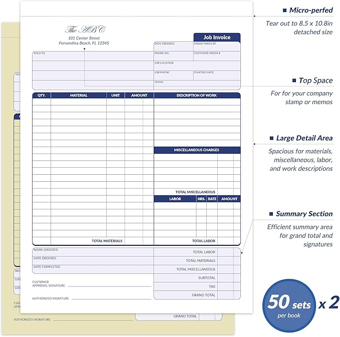 Harfesto Job Work Order Forms, Large Size Contractor Invoice Book 8-1/2" x 11-7/16", Invoice Receipt Book for Small Business, 2-Part Carbonless Forms, 100 Sets (2 Books)