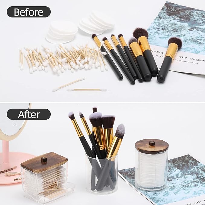 Tbestmax Bathroom Organizer Accessories Set-10 OZ Qtips Holder Storage with Wood Lids, Cotton Ball/Swabs Dispenser, Apothecary Container Jar 3 Pcs