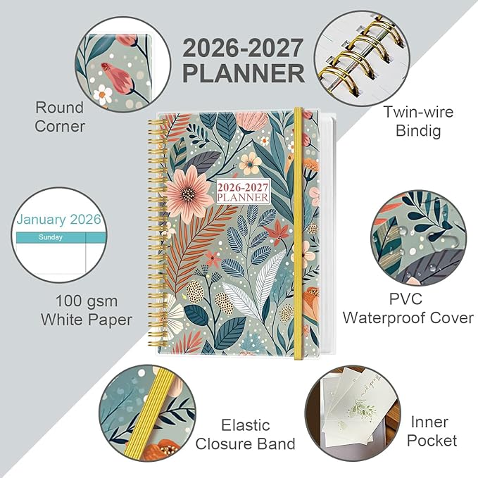 2026-2027 Planner - 18 Months Weekly & Monthly Planner from January 2026 - June 2027, Spiral Notebook 2026-2027 with Elastic Closure, Inner Pocket, Medium 5.8" x 8.3", Flower-A