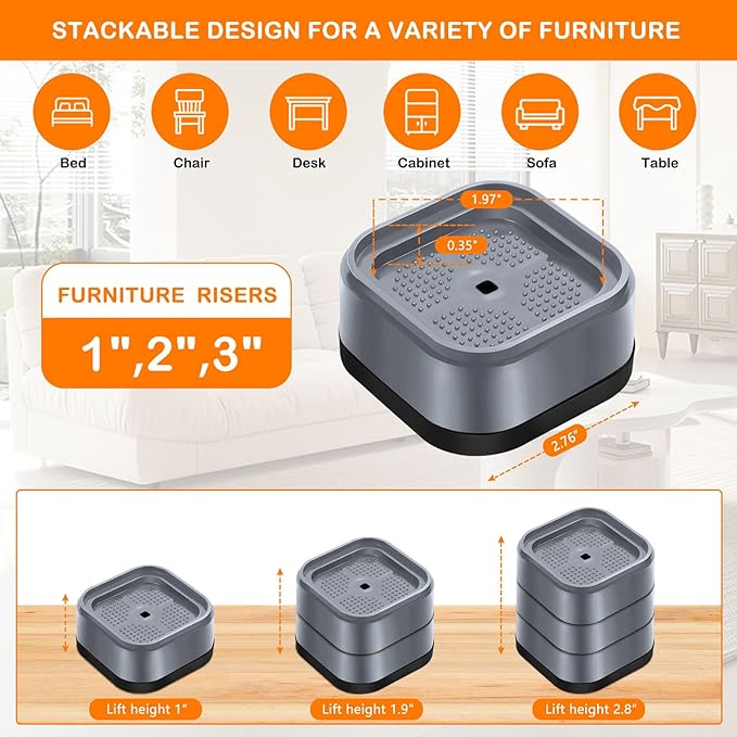 shouwuhho 32 Pack Furniture Risers Adjustable Bed Risers Heavy Duty Lifts Height 1", Square Stackable Bed Risers 1, 2 or 3 Inch for Desk Leg Table Couch Sofa Chair Bed Frame Legs Dorm, Gray