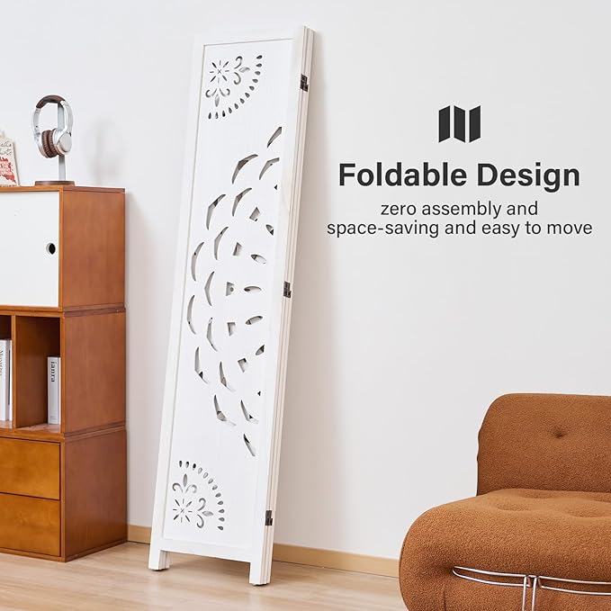 66.9Inch Wooden Room Partition - 3 Panels Boho-Styled Space Room Divider for Home/Office, Headboard & Yoga/Photo/Video Call Backdrop (White)