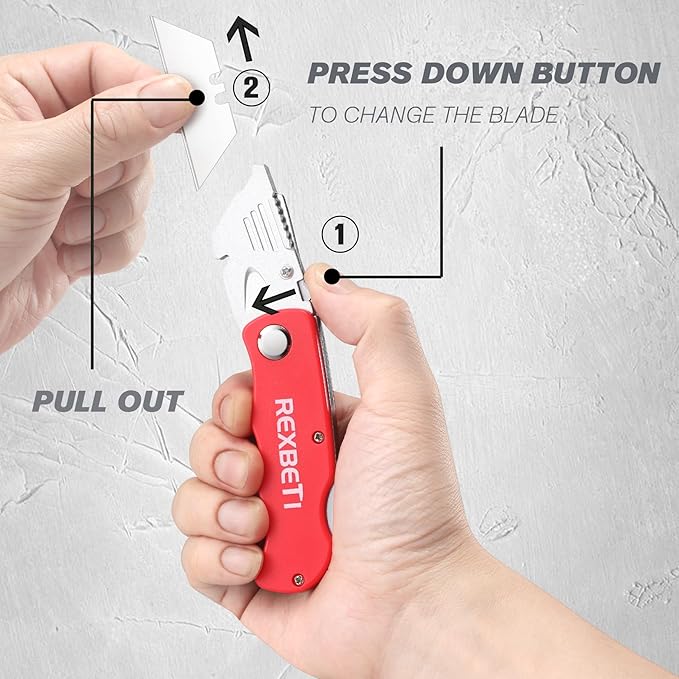 REXBETI Folding Pocket Utility Knife Quick-change SK5 Box Cutter for Cartons, Cardboard and Boxes, Back-lock Mechanism with 10 Extra Blades (12 folding utility knife)