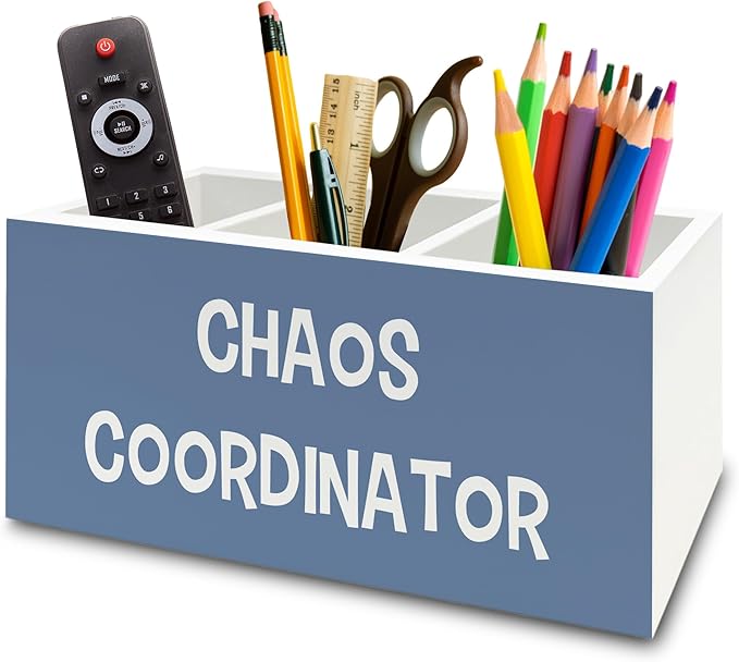 XPH Chaos Coordinator Blue Pen Pencil Holder Organizer for Desk, Thank You Gifts for Women Men Coworkers Boss Leader Manager, Appreciation Gifts Wooden Box Sign for Office Tabletop Decorations