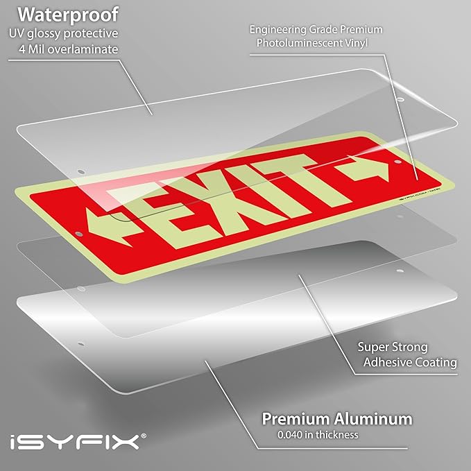 iSYFIX Exit Signs with Directional Right & Left Arrow, Glow in the Dark, Photoluminescent Aluminum 12x4 Inch - 6 Pack, Laminated for UV & Weather Resistance, Ideal for Offices, Schools, Theaters & More