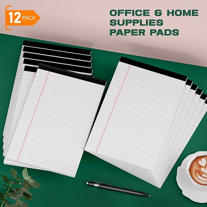 Roneky 12 Pack Note Pads 5x8, Small Legal Pads 5x8 White Writing Paper for Work, Mini Notepads College Ruled Paper with Sturdy Back 25 Lines, Perforated Legal Note Pad 5" x 8", 30 Sheets Per