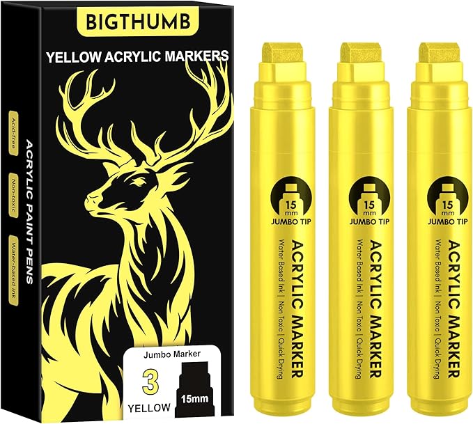 BIGTHUMB 3 Pcs Yellow Jumbo Permanent Markers: 15mm Wide Tip Thick Acrylic Paint Pen Large Calligraphy Marker for Rock Painting, Poster, Sign, Canvas, Glass, Wood, Ceramic