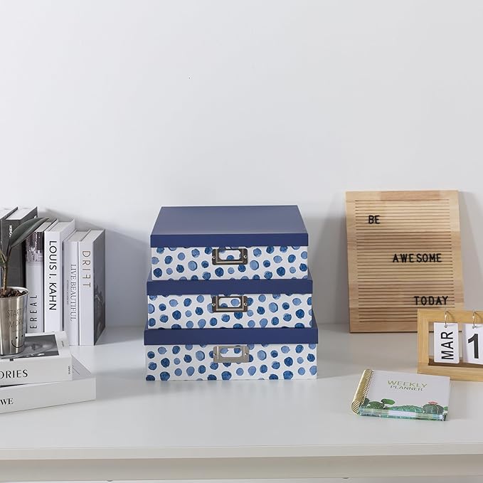 Soul & Lane Blue Spots Decorative Storage Boxes with Lids, Set of 3 Memory Boxes for Keepsakes, Nesting Letter Cardboard Document Storage for Organizing, Photos, Scrapbook
