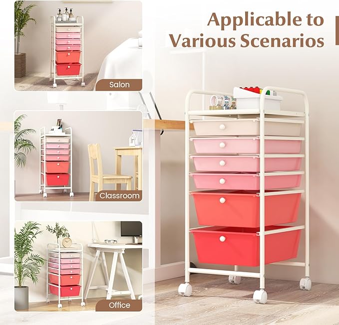 RELAX4LIFE 6-Drawer Rolling Storage Cart - Classroom Organization on Wheels w/Removable Plastic Drawers, Mobile Art Craft Cart for School Paper Home Office, Utility Cart with Drawers (Gradient Pink)