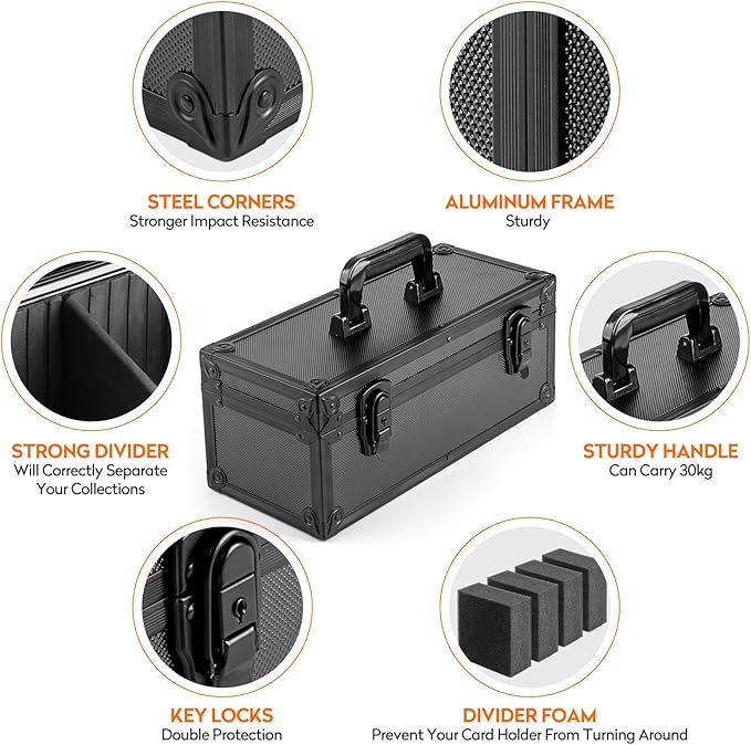MewVeer Top Loader Storage Box with Key Locks, Trading Card Storage Case, Sports Card Box & Hard Cases Holds up to 300+ Top Loaders, 76 One Touch (35pt), 48 PSA/GMA, 43 CSG, 41 SGC, 36 BGS/HGA