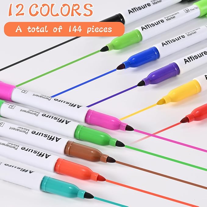 Affisure 12 Colors Permanent Markers， 144 Pack colored marker sets, Assorted Colors Marker，Fine Point， Permanent Markers Bulk, Fast Dry, Waterproof, work on Plastic, Glass, Metal, Wood and Stone