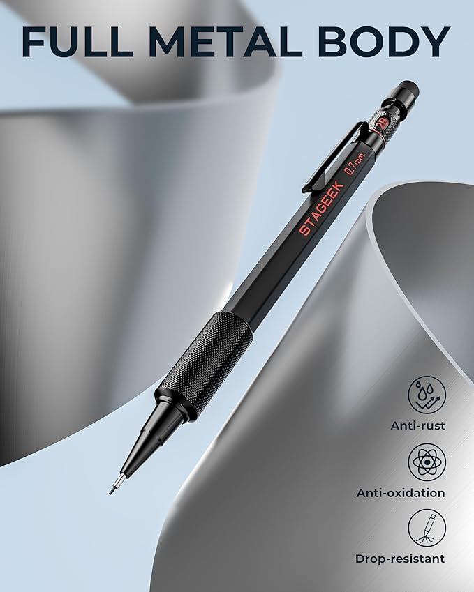STAGEEK Mechanical Pencils 0.7mm with Case, Metal Weatherproof Body Outdoor Artist Mechanical Pencil with 120 PCS HB & 2B Lead Refills, Eraser, for Writing Drafting Drawing and Sketching