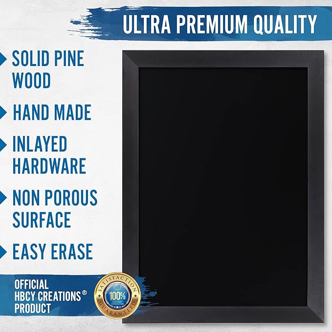HBCY Creations 18" x 24" Rustic Black Solid Wood Frame Wall Chalkboard, Magnetic Surface, Home Décor, Restaurant & Café Menus, Blackboard, Includes Chalk, Eraser & Hanging Hardware