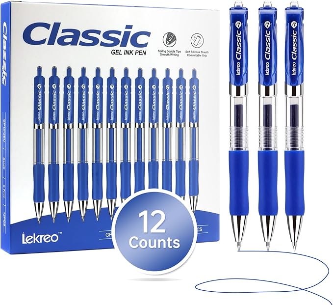 Lekreo Classic Retractable Gel Roller Pens, 0.7mm Fine Point, Blue Ink (Blue Ink - 12 Packs)