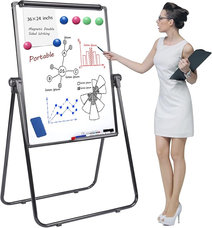 Dry Erase Board with Stand, Double Sided Magnetic Whiteboard, 24 x 36 Portable Height Adjustable White Board with Aluminium Frame