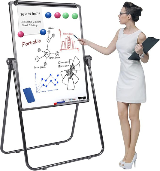 Dry Erase Board with Stand, Double Sided Magnetic Whiteboard, 24 x 36 Portable Height Adjustable White Board with Aluminium Frame