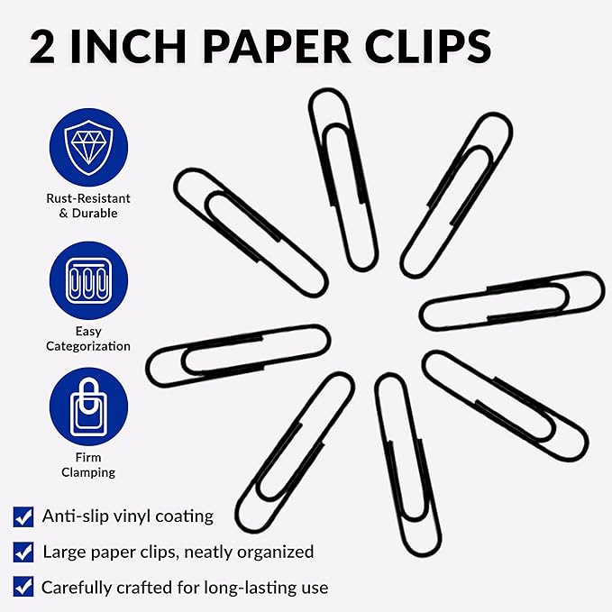 Large Paper Clips, 2 Inch Black Paper Clip, 200 pcs Jumbo Paperclips