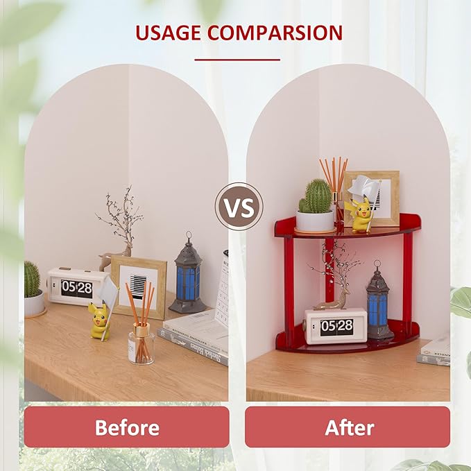 Sezanrpt 2 Tier Countertop Corner Organizer Shelf 7x7x8 Inch, Red Acrylic Bathroom Corner Shelf for Countertop, Vanity Storage for Skincare, Cosmetics, Perfume