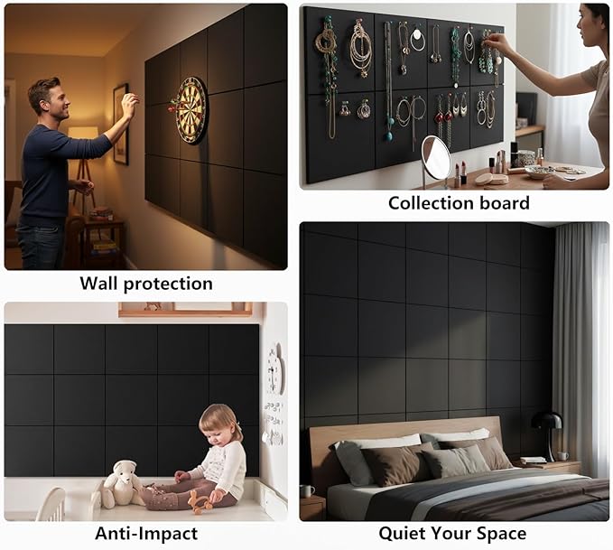 G Gamit Large Felt Wall Tiles Bulletin Board,Large Cork Board Alternative with 30 Pushpins,8-Pack Felt Pin Board with 56 Safe Removable Adhesive Tabs for Home Office School (Black)
