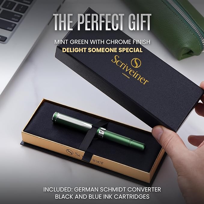 Scriveiner Personalized Luxury EDC Fountain Pen (Medium), Stunning Matt Green Pocket Pen, Chrome Finish, Schmidt German Nib, Best Engraved Fountain Pen Gift Set for Men & Women, Name Engraving