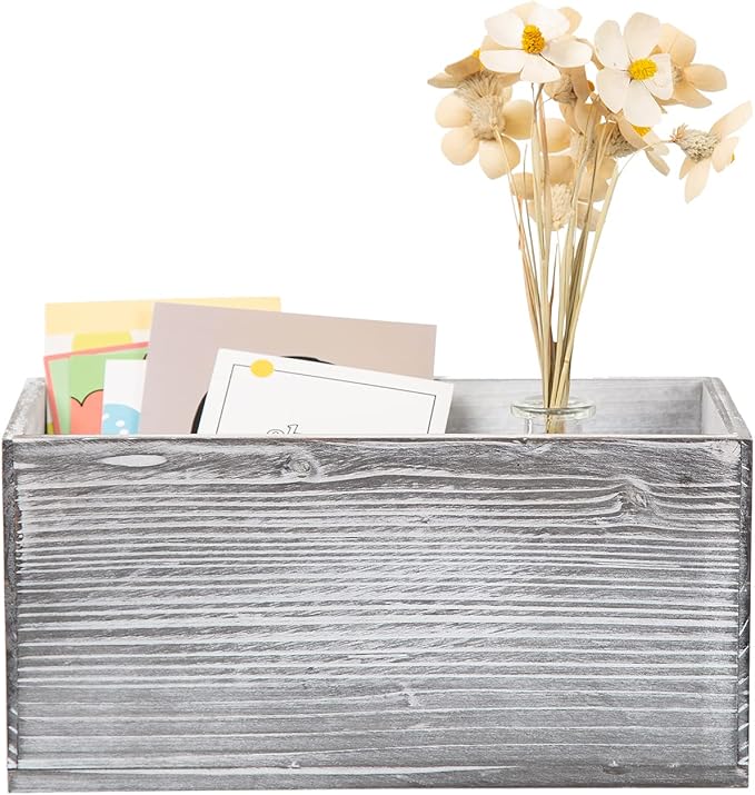 ExoLiry Rustic Gray Wood Mail Box Storage Holder File Organizer Tabletop Wooden Basket Letter Script Design Envelope Folder Decorative Container Desktop Home Office Entryway Bedroom Living Room