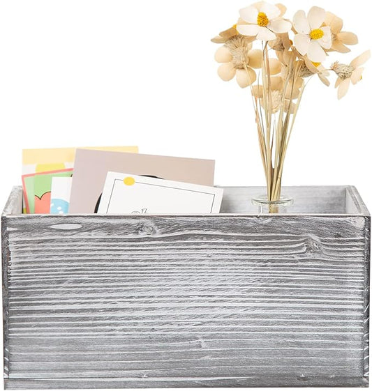ExoLiry Rustic Gray Wood Mail Box Storage Holder File Organizer Tabletop Wooden Basket Letter Script Design Envelope Folder Decorative Container Desktop Home Office Entryway Bedroom Living Room