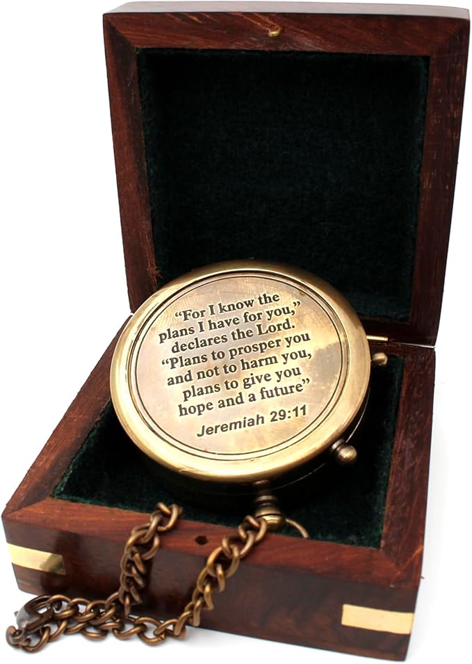 US HANDICRAFTS “for I Know The Plans I Have for You” Engraved Brass Compass – Jeremiah 29:11 Scripture Compass with Wooden Case – Christian Gift for Men, Boys, Baptism, Confirmation & Graduation