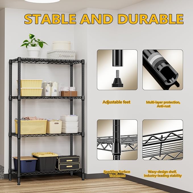 M MZG 1000 lbs 4 Tier Shelf Metal Storage Shelves Shelving Wire Rack Heavy Duty Closet Organizers for Garage Kitchen Bathroom Laundry Black 15.7" D x 33.5" W x 59.5" H