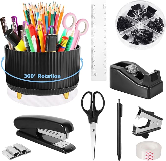 Gawsey Desk Organizers and Accessories Set with 360-Degree Rotating Pen Holder, Tape Dispenser, Stapler, Staple Remover, 1000 Staples, Tape, Clips Set, Ruler, Scissor, Pen
