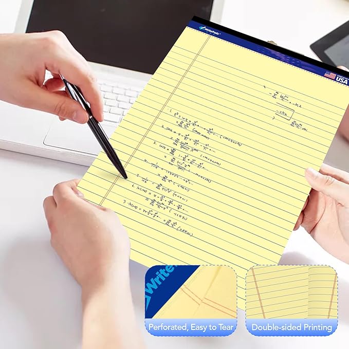 WritePads Legal Pads 8.5 x 11,Wide Ruled Note Pads, Canary, 6-Pack, 50 Sheets, Sturdy back, No Bleeding Micro-Perforated Writing Pads for School Office, Made in the USA