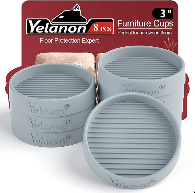 Yelanon Furniture Coasters - 8 Pcs 3'Round Rubber Furniture Caster Cups - Non Slip Pads Hardwood Floors Non Skid Grippers - Anti Slide Floor Protector for Bed Couch Stoppers Gray
