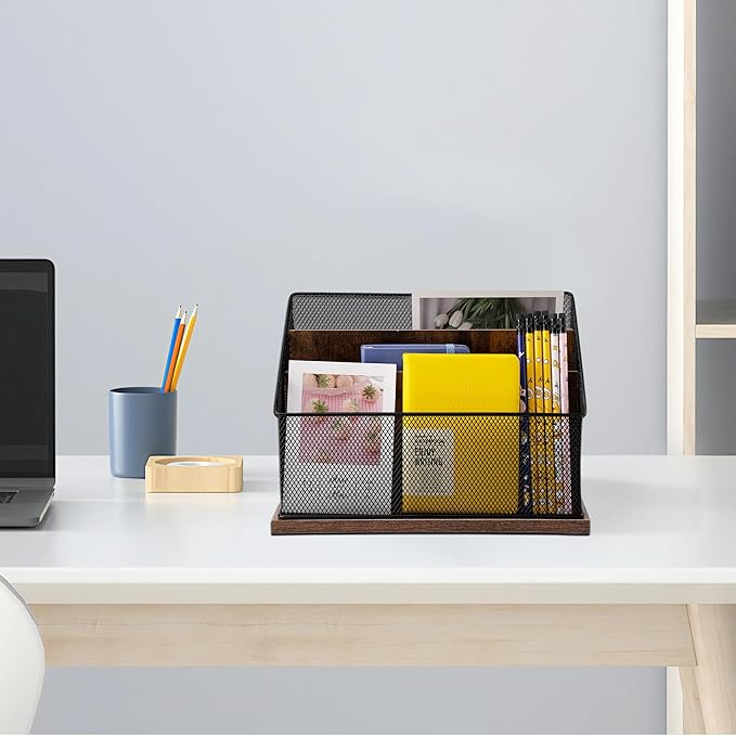 ASIFMTHOT 3-Tier Vertical File Storage with Retro Wooden Desk Mail Organizer and Metal Mesh Desktop Organizer for Home Office