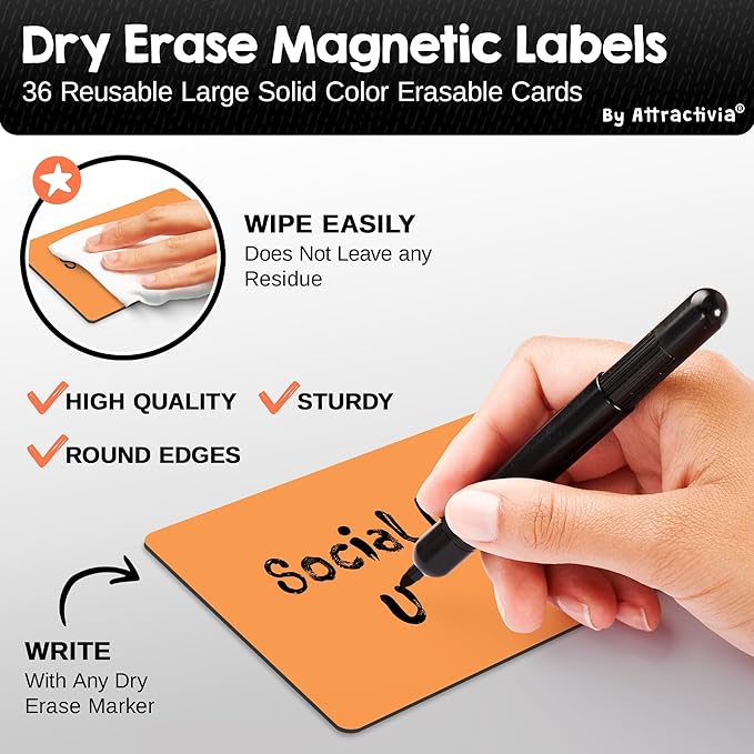 Attractivia Dry Erase Magnetic Labels 5.6 x 3.7 in, Solid Colors, Large Dry Erase Magnets, 36-Pack, Colored Erasable Write-On All-Purpose Labels, for Office, Education, Home, Whiteboard