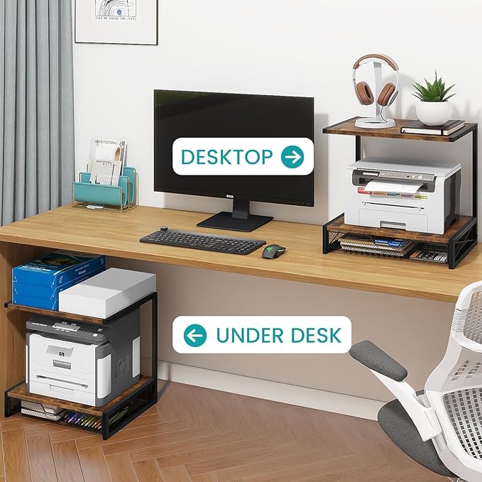 ELITEROO 2-Tier Desktop Printer Stand with Storage Drawer, Wooden Printer Stand for Desk, Small Printer Table with Shelf for Home Office, Fits Fax Machine, Scanner, 3D Printer, Rustic Brown