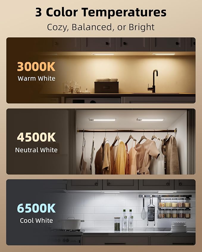 EZVALO 3 Pack Under Cabinet Lighting, 2400mAh Rechargeable Motion Sensor Light, 10inch Magnetic Closet Lights with Dimmable & 3 Color Temps, Wireless Motion Activated Lights with Remote for Kitchen